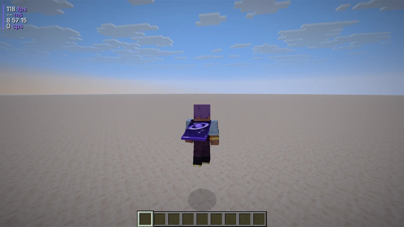A player wearing the animated Gravity cape, seen from behind