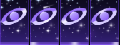 Four frames of the Gravity cape animation: light travelling around the ring and a shooting star