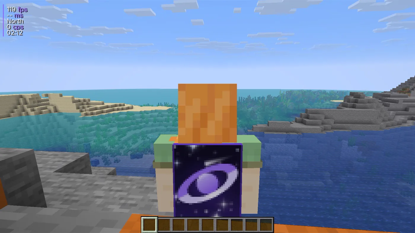 The same frame with Gravity: frame rate, facing, clicks per second and a clock in the corner, and the animated Gravity cape on the player