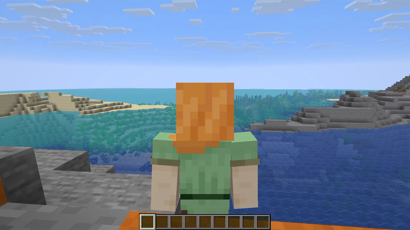 Vanilla Minecraft: a player seen from behind, looking over a beach and the sea, with only the hotbar on screen
