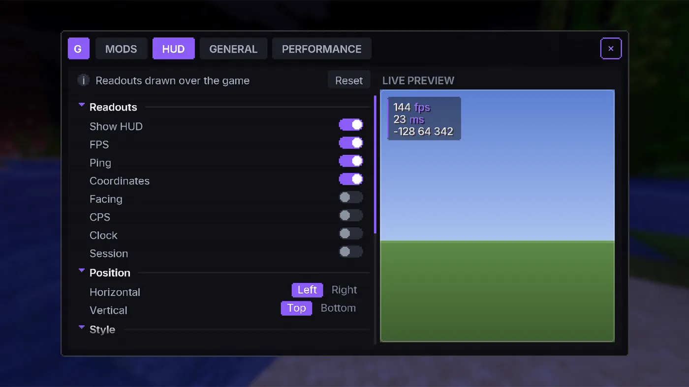 The HUD settings page with a live preview of the readouts