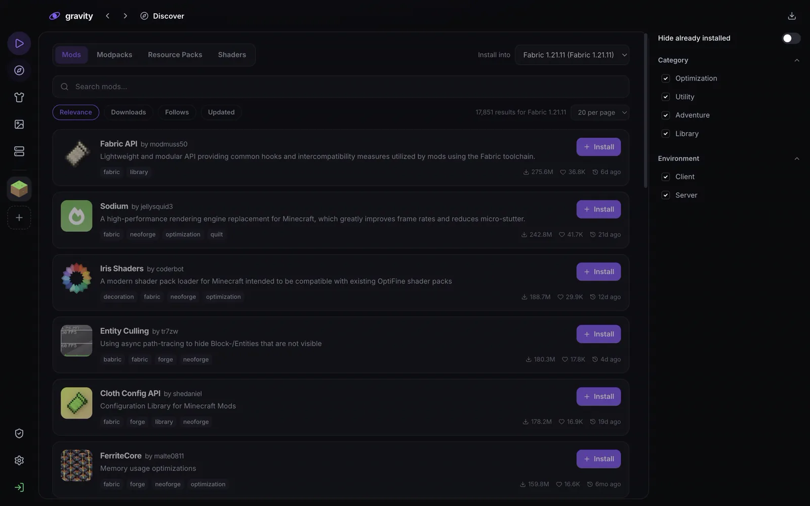 The Gravity launcher's Discover page, browsing Fabric mods from Modrinth for Minecraft 1.21.11